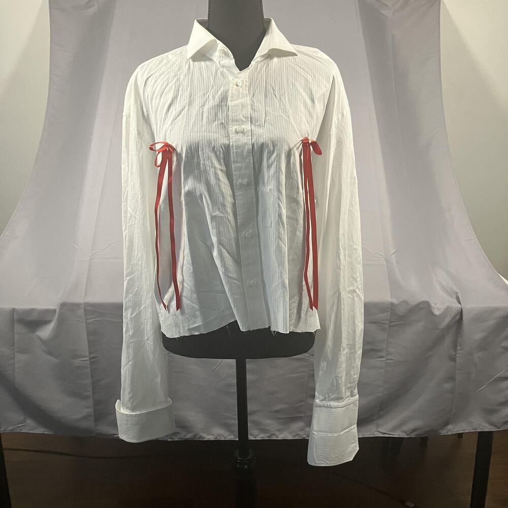 Indochino Shirt‎ Custom Ribbon Mens Large Feminine Button Up Red Distressed Hem